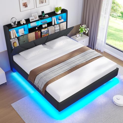 Brinlawb Schwebebett Polsterbett 140x200 cm mit LED-Beleuchtung und Ladestation (2 Steckdosen, 1 USB-A, 1 USB-C) Polsterkopfteil mit offenem Regal und verstecktem Stauraum, Bettgestell 140x200 cm Grau