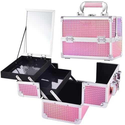 Kosmetikkoffer Schminkkoffer Leer Make up Koffer mit Spiegel Abschließbare Beauty Case Nagelkoffer Make up Organizer Koffer Multikoffer,Rosa