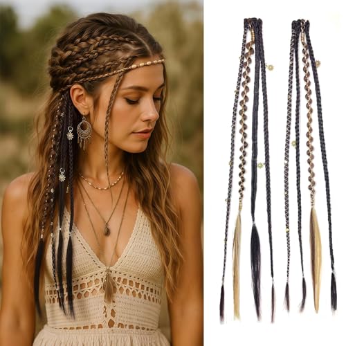 Dsoar Clip in Zöpfe 2 Stück Bohemian Zopf Extensions mit Clips 16 Zoll Synthetische Geflochtene Haarteile mit Perlen für den Alltag