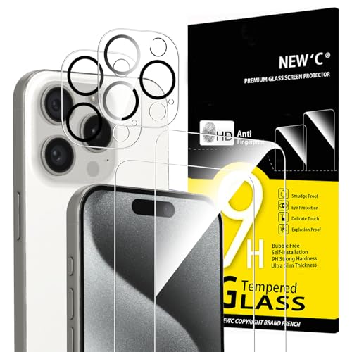 NEW'C für iPhone 15 Pro für Panzerglas 6,1 Zoll (2 Stück) und Kamera Panzer Schutz Glas für Kameraschutz (2 Stück) für iPhone 15 Pro (6,1