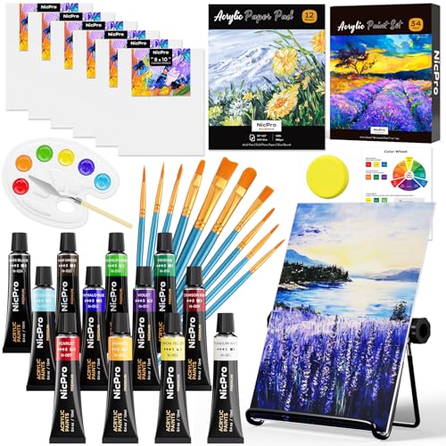 Nicpro Acrylfarben Set für Erwachsene, 34-teiliges Malset mit 12 Acrylfarben, Tischstaffelei, 6 Leinwänden, 10 Pinseln, Malblock, Schwamm, Farbrad und Palette für Anfänger, Kunstmalerei Set