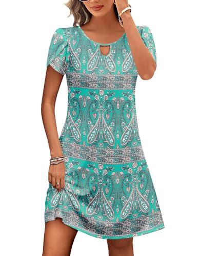 Zeagoo Kleid Damen Sommer Rundhals Sommerkleid Kurzarm Kleider Blumen Midikleid Freizeitkleid mit Taschen Grün L