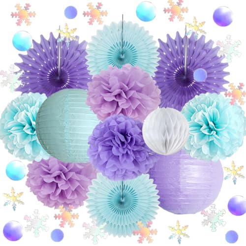 Winter Wonderland Deko Geburtstag Party Deko Schneeflocken Lila Blau Weiss Pompons mit Schneeflocken Konfetti Tischdeko für Hochzeit Geburtstagsdeko Winterwunderland Babyparty Weihnachten