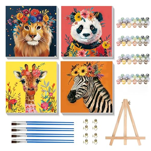 4er Set Tiere Malen Nach Zahlen Kinder Mit Rahmen - Malen Nach Zahlen Kinder ab 7 8 12,Paint by Numbers for Kids für Geburtstage und Weihnachten Jahre für Haus Dekoration 8x8inch((Mit Holzrahmen)