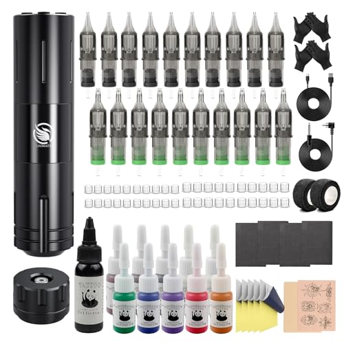 LIUMATE Rotary Machine Set Drahtlos Battery Pen 1800mAh Battery mit 20 Stück Nadel 11 Tinte Komplettes Zubehör für Anfänger und Künstler