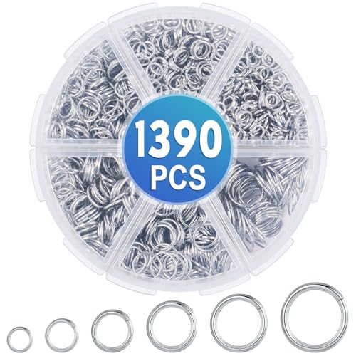 1390 Stück Biegeringe Kit, 6 Größen Jump Rings Silber Spaltringe Metall kettenring Offene Schmuckherstellung Ringe für Schmuck machen Armband Halskette Charms Reparatur (4mm 5mm 6mm 7mm 8mm 10mm)