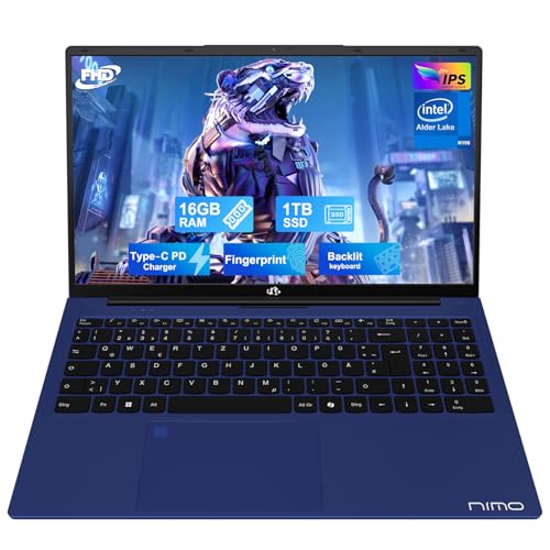 NIMO Laptop 15,6 Zoll Full HD: 16GB RAM, 1TB SSD, Intel N100, WLAN-Konnektivität, USB-C 65W, Fingerabdruck, Beleuchtete Tastatur, Leichter Computer für Arbeit & Studium, Blau