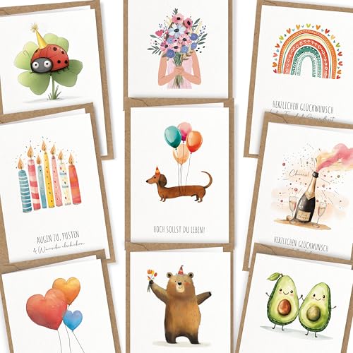 LOViLEE 10x Geburtstagskarten Set mit Umschlag & Stickern - Glückwunschkarten Geburtstag, Happy Birthday Karte - Grußkarten - Geburtstagskarte Frau, Geburtstagskarte Mann - Klappkarten Set 2