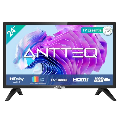 Antteq Essential Series Fernseher 24 Zoll (60 cm) LED HD 720P Kleiner TV für Schlafzimmer, Küche, Dolby Audio,Triple Tuner DVB-C/T2/S2,CI+,VGA, HDMI, USB, Multimedia-Player, Hotelmodus(220V)