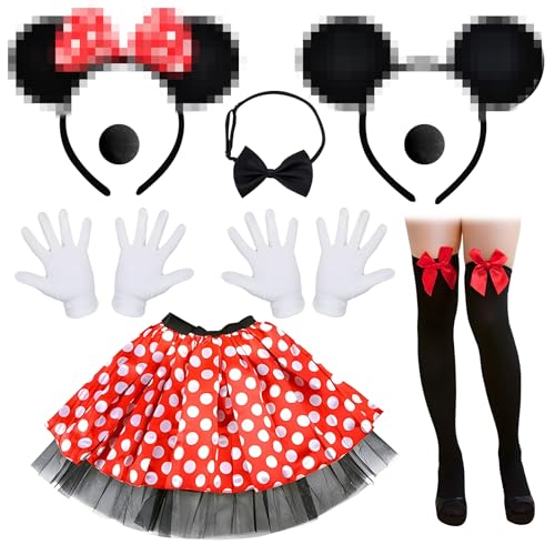 DONCOO Mouse Karneval Kostüme Damen Set Erwachsene Faschingskostüme Mit 2 Maus Ohren+2 Nase+2 Paar Handschuhe+Tutu Tüllrock+Fliege Schleife+Strümpfe Für Cosplay Fasching Mottoparty Karneval Halloween