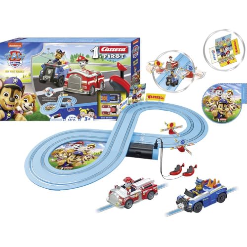 Carrera First PAW Patrol, On the Track – Spielbahn mit Chase & Marshall, kindgerechte Handregler, 2,4 Meter Strecke & interaktive Elemente – Für kleinen Rennspaß und Abenteuer