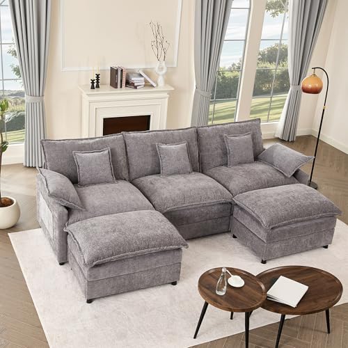 Litbird U-förmiges modulares Sofa 3-Sitzer Ecksofa mit Hocker, tiefes Sitzdesign, Cloud Couch für Wohnzimmer(Grau)