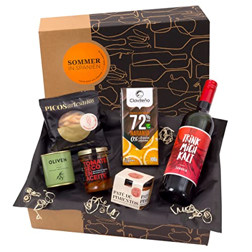 Geschenkkorb Sommer in Spanien - fertig verpackter Präsentkorb mit leckerer Sangria & spanischen Delikatessen - ideal als Geburtstagsgeschenk & kleine Aufmerksamkeit für Frauen & Männer - jamon.de