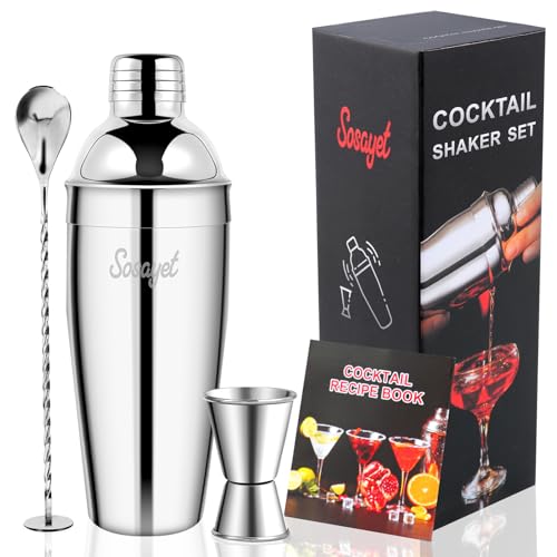 Sosayet Cocktail Shaker 750 mL, 3-teiliges Edelstahl Cocktail Set mit cocktail messbecher 15/30 ml - und Cocktail Stößel, Premium Barkeeper Set für Anfänger und Profis Geschenke für Männer