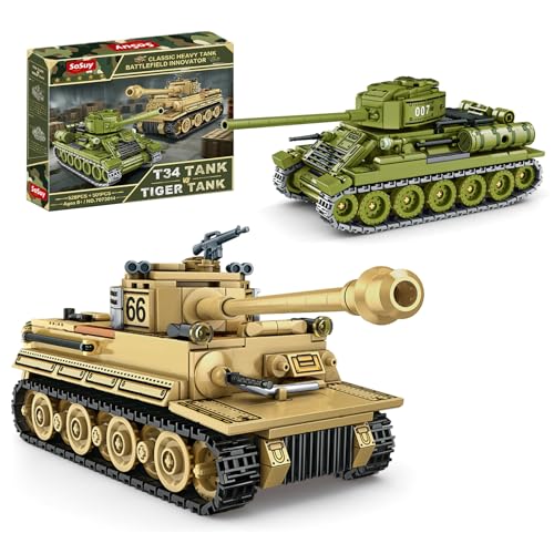 Sosuy WW2 Bausatz Panzer-Set für Jungen Männer, 1:32 Beweglicher Tiger & T-34 Militärspielzeug für Kinder ab 8 Jahren, Mini-Kanonenfahrzeug Modell Weihnachten Geschenke für Teenager 1030+ Teile