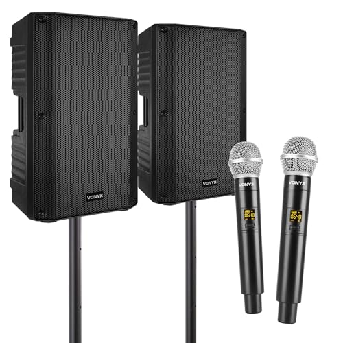 Vonyx Karaoke Set mit 2 Lautsprechern, 2 Mikrofonen und Stativen, Bluetooth Komplettsystem mit integriertem Verstärker, ideal für Partys, Gesang und kleine Veranstaltungen