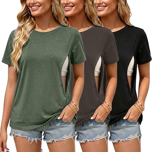 Love2Mi 3er/4er Set Stillshirt mit verstecktem Reißverschluss Stillöffnung kurzen Umstandstop Stillen T-Shirt für Schwangere
