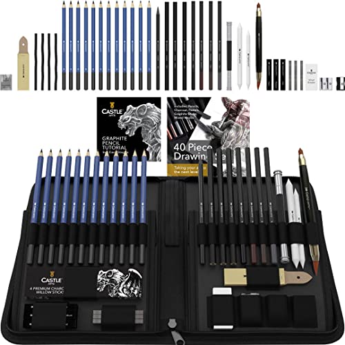 Castle Art Supplies 40-teiliges -Zeichen- und Skizzier-Set mit Anleitung | Für Künstler, Profis oder Anfänger | Zeichenstifte, Kohle, Graphit und mehr | Im übersichtlichen Reißverschlussetui