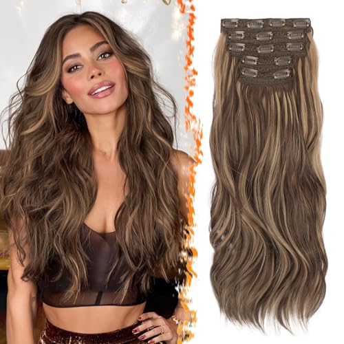 BARSDAR Clip in Haarverlängerungen Highlight, 50cm 5PCs Wellige Clip in Extensions für Frauen Natürliches Haarextension Synthetisches Haarteil Hair Extensions - Braun mit Honigblond