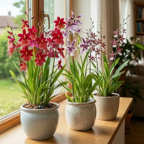 Orchideen Echte Pflanzen Cambria - 3 große Zimmerpflanzen aus Holland - 30-40 cm hoch mit Blüten - 3 Farben - Leicht Duftend (keine Samen, nicht künstlich, ohne Dünger und mit Topf)