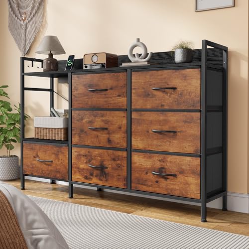 DWVO Kommode Schlafzimmer, Kommode mit 7 Stoffschubladen, 2 Steckdosen, 2 USB-Anschlüssen, TV-Schrank mit seitlichen Haken, rustikales Braun