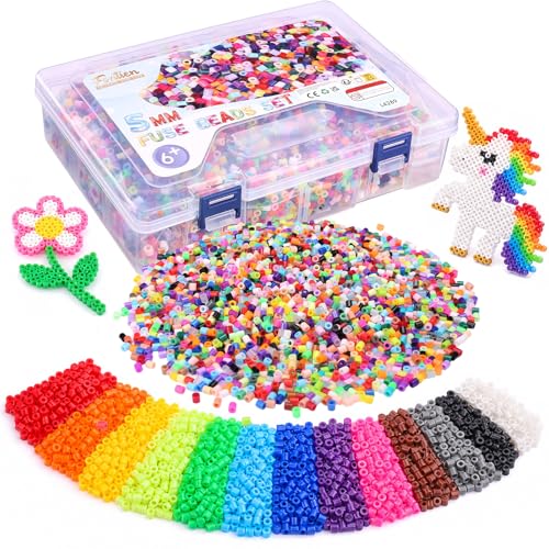 Fontien Bügelperlen 5mm Midi Set (10.000 Stk.): 20 Farben Nachfüllset mit Sortierbox, Bastelset Kinder Mädchen & Jungen, Universell Kompatibel mit allen Steckplatten, DIY Kreativ Geschenk