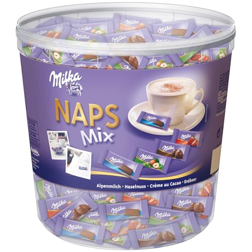 Milka Schokoladentäfelchen, NAPS Mix, Alpenmilch/Haselnuss/Crème au Cacao/Erdbeer, Klarsichtdose, 218 x 4,6 g (1 kg)