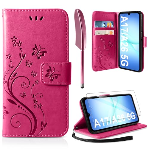 AROYI Lederhülle Kompatibel mit Samsung Galaxy A17 5G/A26 5G Hülle und Schutzfolie, Flip Wallet Handyhülle PU Leder Case Schutzhülle Kompatibel mit Samsung Galaxy A17 5G/A26 5G Rosenrot