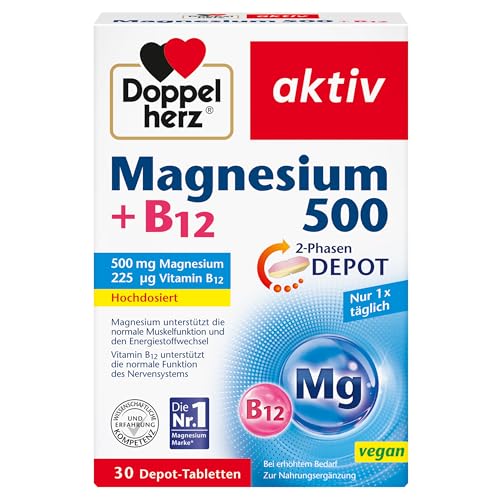 Doppelherz Magnesium 500 + B12 2-Phasen – Hochdosiert mit 500 mg Magnesium pro Depot-Tablette – 30 Tabletten