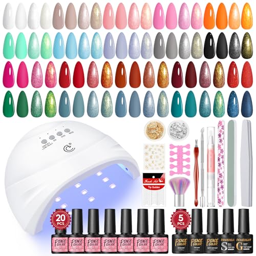 PEACECOLOR 38PCS UV Nagellack Set mit UV Lampe Nagelstarterset 20 Farben Gel Nagellack Rosa, Rot, Weiß, Blau, Grün Nageldesign set mit 5 Pcs Base Top Coat Nagel Sets Gel Nägel für Anfänger