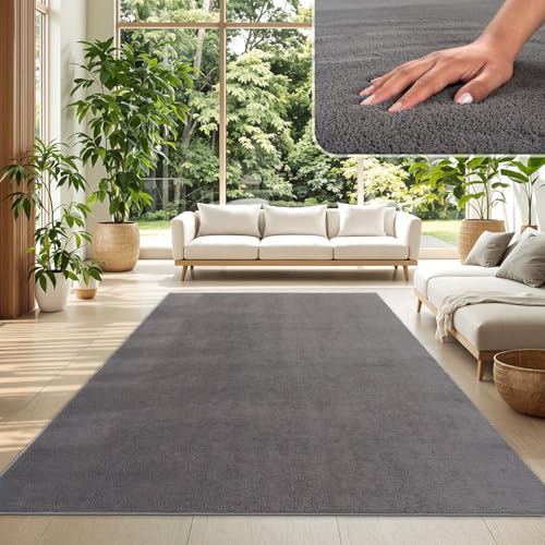 TT Home Wohnzimmer Teppich Kurzflor Anti-Rutsch Rückseite Unifarben Modern Waschbar, Farbe: Anthrazit, Größe:160x220 cm