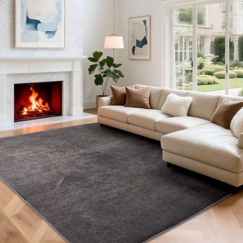 Wohnzimmerteppich, Kurzflor Teppiche Wohnzimmer Deko Flauschiger Weich Waschbarer & Anti-Rutsch Modern Einfarbiges Teppich für Schlafzimmer, Kinderzimmer, Bettvorleger Matte, 140x200cm, Dunkelgrau