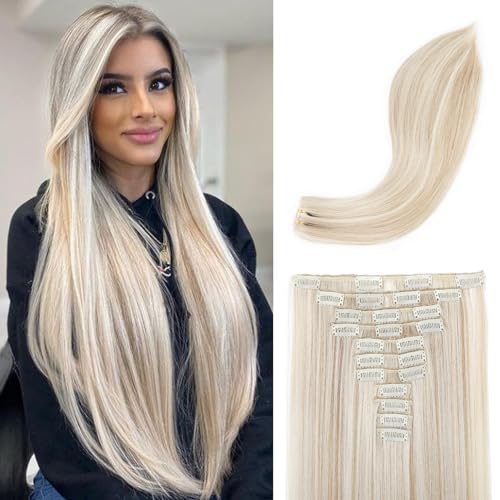REECHO Clip in Extensions - 11PCS Clip in Haarverlängerungen für Frauen, 61 cm Lange Glatte Hair Extensions Natürliches Look Synthetisches Haarteil Extensions - Aschblond mit Strähnen