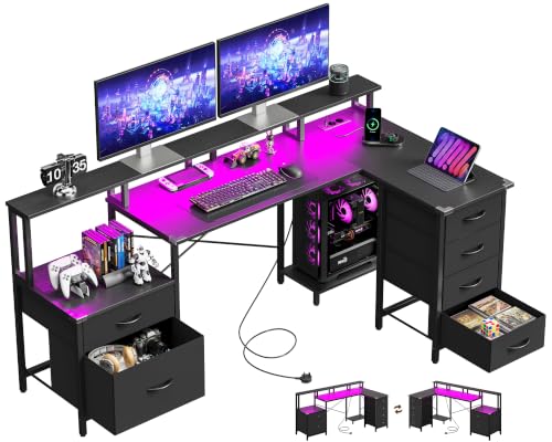 IRONCK Schreibtisch L Form Gaming Tisch mit LED & Steckdosen 2AC+1USB+1C, 189x100cm Eckschreibtisch mit 6 Schubladen & Monitorständer, Reversible Computertisch mit Stauraum für Home Office Schwarz