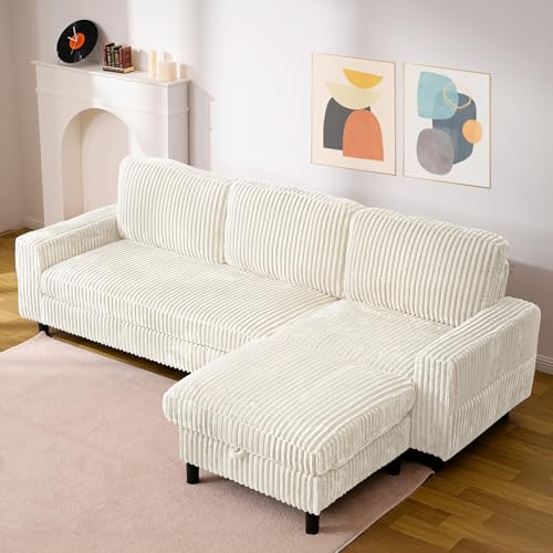 HOMRELEXA 200cm Sofa 3 Sitzer L Form mit Verstellbarer Aufbewahrungs-Hocker, Ecksofa mit Schlaffunktion, Modulares Sofa, Cordcouch, Holzrahmen, tiefer Sitz, Ideal für Wohnzimmer, Beige