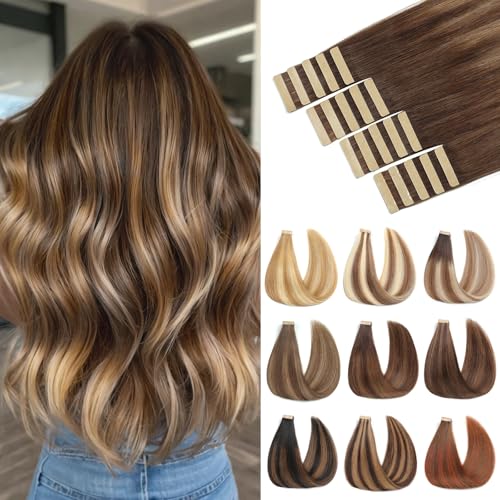 ShowJarlly Tape Extensions Echthaar 20pcs Extensions Echthaar 35cm Schokoladenbraun mit Karamellblond Echthaar Extensions Tape Invisible Tape in Extension Echthaar Skin Weft Tape 40g(14inch,4/4/27#)
