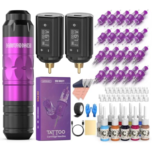 Wormhole Tattoo Maschine Set mit 2 x 1200 mAh Akku, 20 Stück Tattoo Nadeln, 10 tattoo inkster – Drahtlose Tattoo Stifte für Lining und Shading – Ideal für Profis und Einsteiger