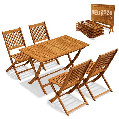 Casaria® Gartenmöbel Set Modell 2026 - NEU: Extra Stabiler Tisch mit umlaufender Verstärkungsleiste 5-teilig aus FSC® Akazienholz, 4 Stühle, klappbar für Garten & Balkon