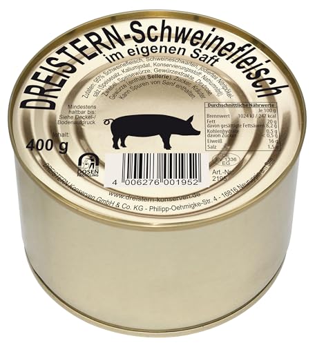 DREISTERN Schweinefleisch im eigenen Saft 400g I Mit Schweineschwarte I Herzhafte Spezialität in recyclebarer Goldlackdose I Lange Haltbarkeit dank natürlicher Konservierung I Hausmacher Qualität