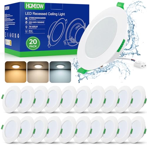 HOMEOW 20er Set LED Einbaustrahler 230V 7W, Warmweiß Neutralweiß Kaltweiß LED Spots 230V, 75mm – 90mm Lochmaß, Einbauleuchten Deckenspots Einbauspots Einbau Spotlight Ultra Flach IP44 für Badezimmer