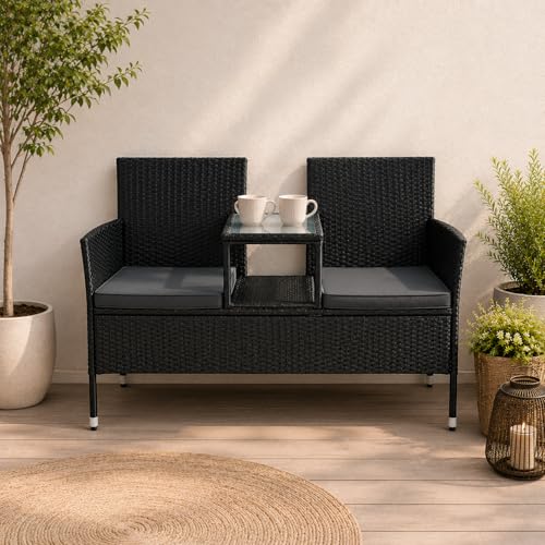 Juskys Polyrattan Gartenbank Monaco - 2-Sitzer Bank mit Tisch & Kissen - 133x63x84 cm - Rattan Sitzbank wetterfest Garten Balkon - schwarz