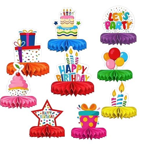 9 Stück Bunte Happy Birthday Tischdeko, Waben Tischdekoration Party Deko, Geburtstag Tischaufsätze, Zuckerbienen Deko, Tisch Ornament für Geburtstag Party