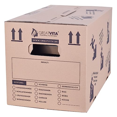 Umzugskartons 10 Stück 2‑wellig, extra stabil bis 40 kg, 600 x 330 x 350 mm, recycelte Pappe, schnell aufbauend ohne Klebeband, moving boxes sowie archivbox mit verstärkten Tragegriffen | GreatVita