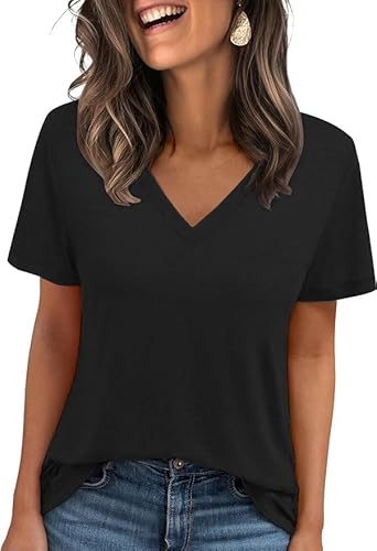 Cuptacc Tshirt Damen Sommer Basic Shirt Oberteile Damen V-Ausschnitt Kurzarm Einfarbig Casual Top Schwarz XL 46-48
