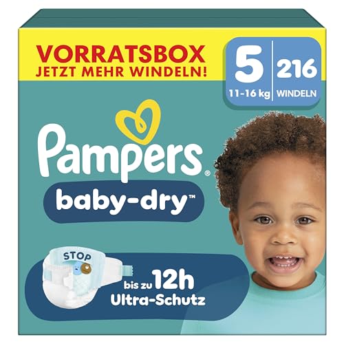 Pampers Baby-Dry Größe 5, 216 Windeln, 11kg-16kg, Bis zu 100% Auslaufschutz & Komfort die ganze Nacht