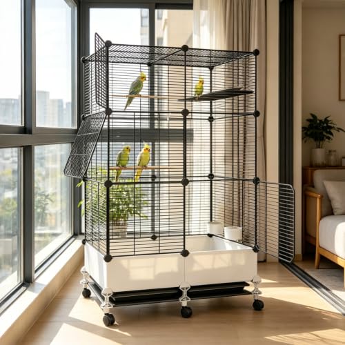 Großer Vogelkäfig, Papageienkäfig für den Innenbereich mit Feststellbaren Rollen, Wellensittichkäfig mit Futternapf, Wassernapf, Spielplattform, Leicht zu Bewegen und zu Reinigen (Schwarz, 74L x 37W x