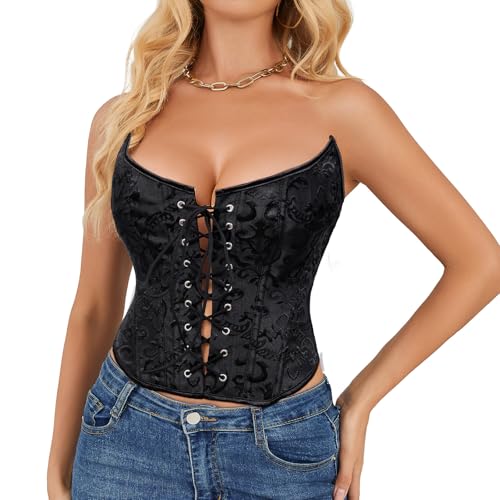 WHIPPY Damen Vollbrust Corsage Korsett Top Vintage Bustier Corset mit Schnürung Gothic Overbust Bustier, Schwarz, XL