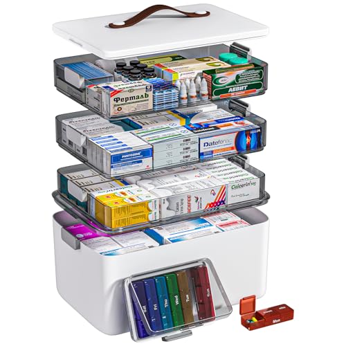 MOPUP vierlagige Medikamentenaufbewahrungsbox mit Tragegriff, multifunktionaler Medikamentenorganizer, Aufbewahrungsbox für die Hausapotheke, groß Fassungsvermögen (37 x 25 x 32 cm)