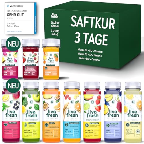 LiveFresh Saftkur 3 Tage – 21 Säfte (250ml) & 9 Shots (60ml) kaltgepresst¹ – 743 Kalorien pro Tag – Tipps zum nachhaltigen Abnehmen in der LiveFresh App