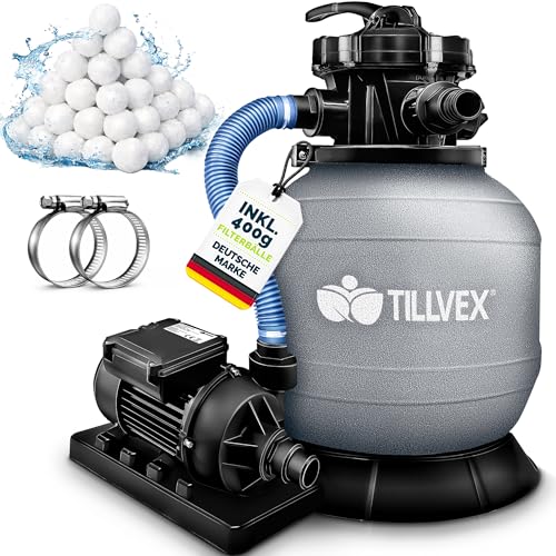 tillvex® Sandfilteranlage Pool 7.900L/h + 400g Filterbälle & 7-Wege Ventil